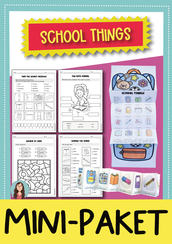 School Things Mini-Paket Kl. 3-4 | Cover | Arbeitsblatt, Ausmalbild | Englisch Klasse Klasse 4/Klasse 3