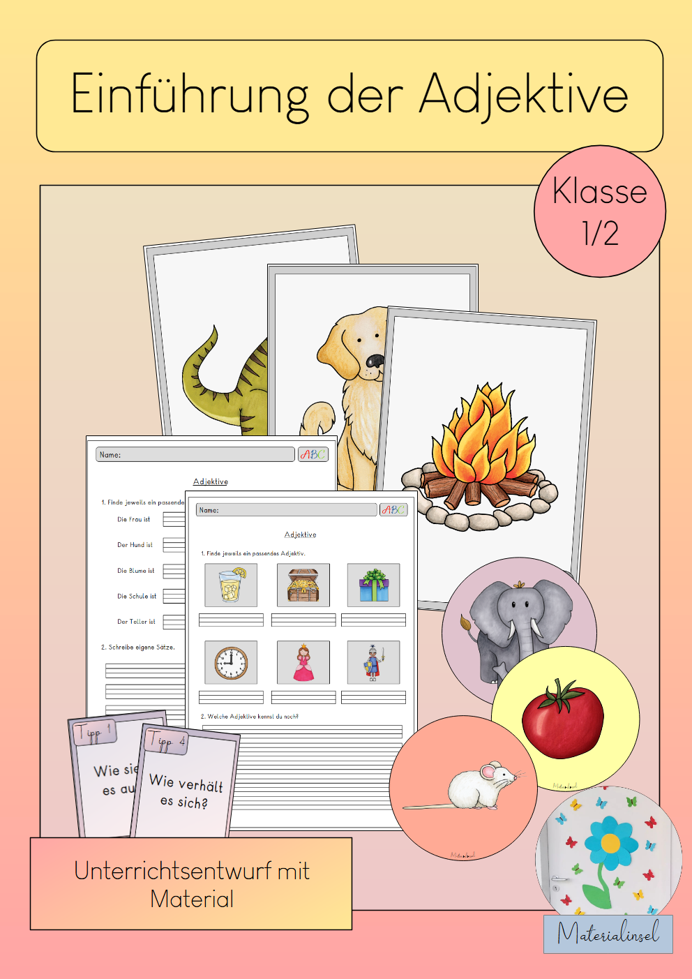 Adjektive einführen AB+Tafel Kl. 1-2 | Cover | Arbeitsblatt, Tafelmaterial | Deutsch Klasse Klasse 1/Klasse 2