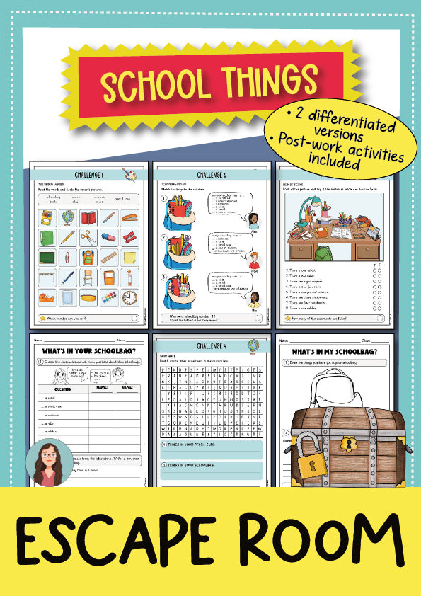 Escape Room School Things Lernspiel Kl. 4-5 | Cover | Arbeitsblatt, Stationenlernen | Englisch Klasse Klasse 4/Klasse 5