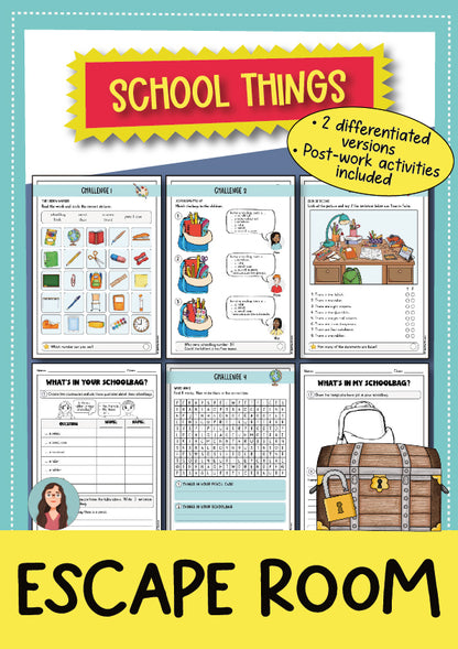 Escape Room School Things Lernspiel Kl. 4-5 | Cover | Arbeitsblatt, Stationenlernen | Englisch Klasse Klasse 4/Klasse 5