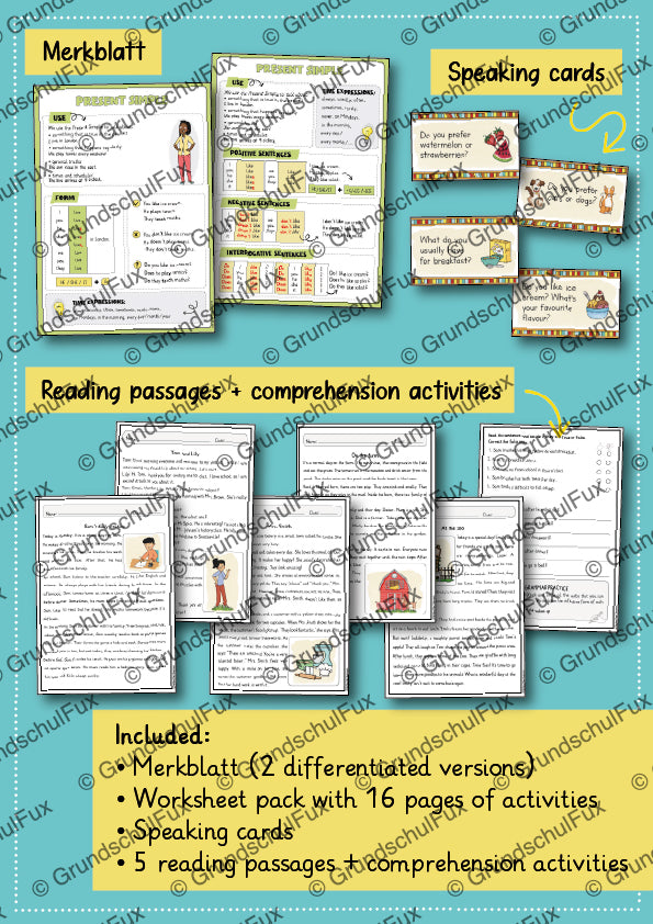 Present Simple Materialpaket Kl. 4-5 | Vorschauseite 2 von 2 | Arbeitsblatt, Merkblätter | Englisch Klasse Klasse 4/Klasse 5