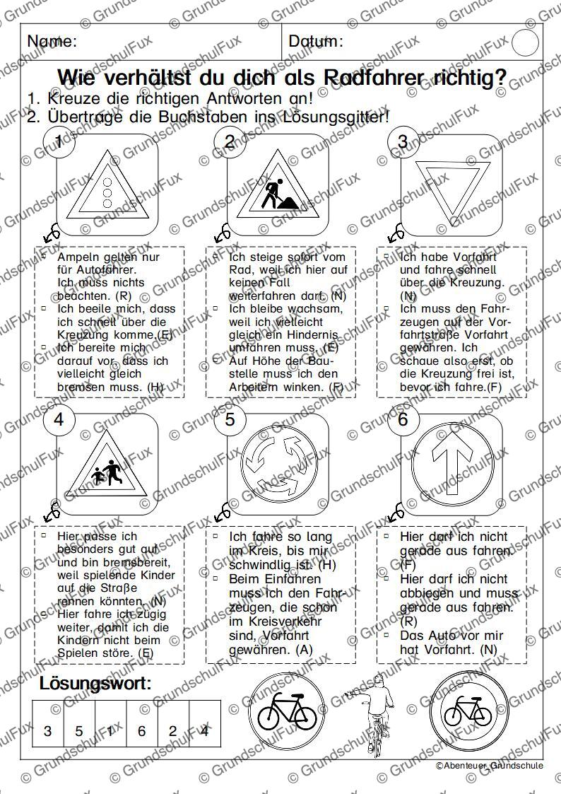 Fahrradprüfung Arbeitsblatt Kl. 3-4 | Vorschauseite 7 von 8 | Arbeitsblatt, Bildkarten / Flash-Cards
