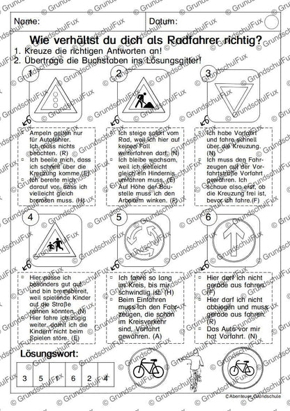 Fahrradprüfung Arbeitsblatt Kl. 3-4 | Vorschauseite 7 von 8 | Arbeitsblatt, Bildkarten / Flash-Cards