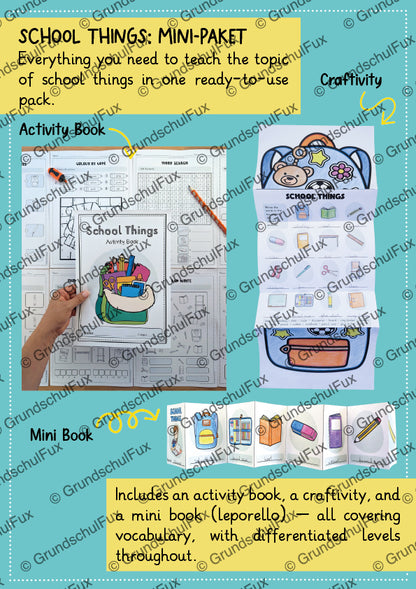 School Things Mini-Paket Kl. 3-4 | Vorschauseite 1 von 1 | Arbeitsblatt, Ausmalbild | Englisch Klasse Klasse 4/Klasse 3
