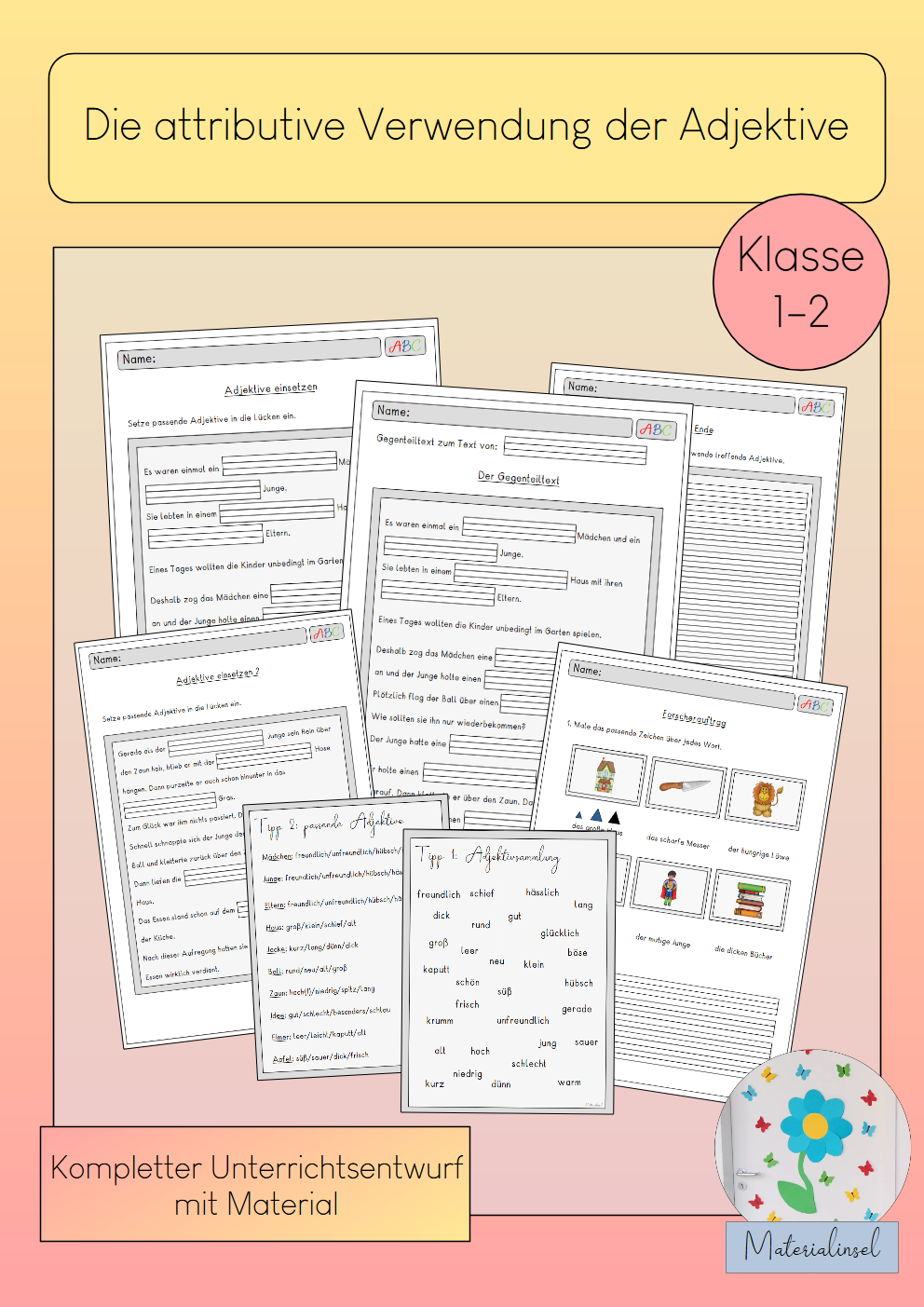 Adjektive attributiv AB Kl. 1-2 | Cover | Arbeitsblatt, Verlaufsplanung | Deutsch Klasse Klasse 1/Klasse 2