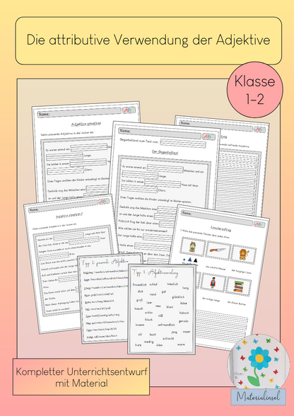 Adjektive attributiv AB Kl. 1-2 | Cover | Arbeitsblatt, Verlaufsplanung | Deutsch Klasse Klasse 1/Klasse 2