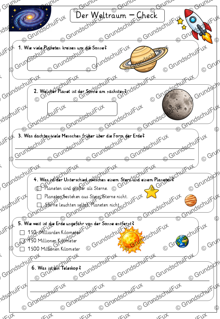 Weltraum - Check Kl. 2-4 | Vorschauseite 3 von 4 | Arbeitsblatt | Sachunterricht Klasse 2/3/4
