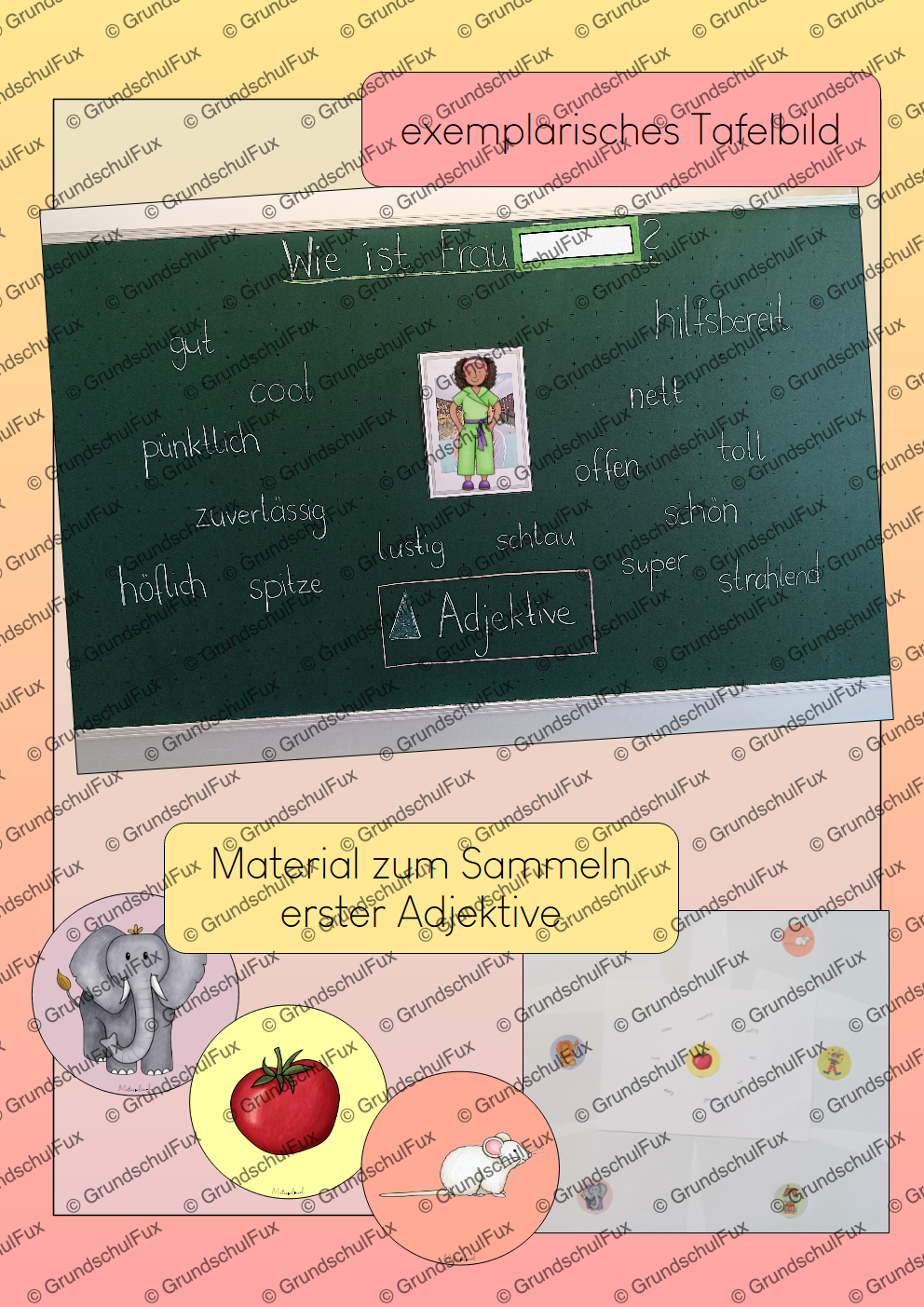 Adjektive einführen AB+Tafel Kl. 1-2 | Vorschauseite 1 von 3 | Arbeitsblatt, Tafelmaterial | Deutsch Klasse Klasse 1/Klasse 2