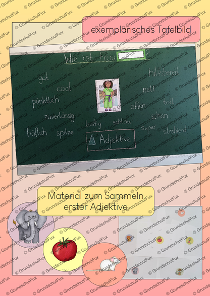 Adjektive einführen AB+Tafel Kl. 1-2 | Vorschauseite 1 von 3 | Arbeitsblatt, Tafelmaterial | Deutsch Klasse Klasse 1/Klasse 2